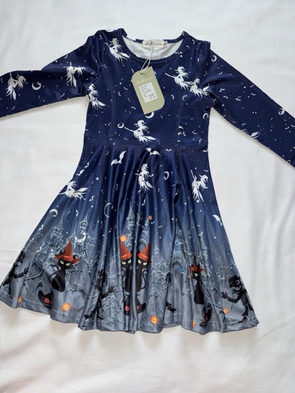 LaBeca Girls Dress Long Sleeve Halloween Witch Cat Starry Night Size L Youth